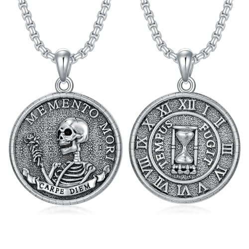 Image of ROMANTICWORK Memento Mori Necklace 925 Sterling Silver Memento Mori Pendant Gothic Skull Jewelry Gift for Men Women