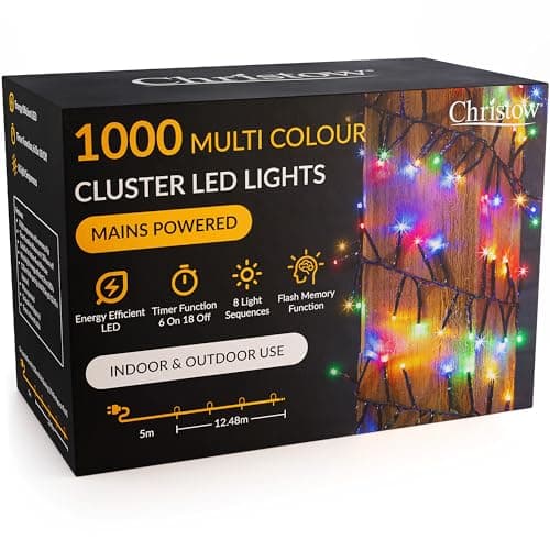 Image of Christow 1000 LED Cluster Christmas Tree Lights, Multi-Coloured Fairy Lights with Timer, 8 Light Modes, Energy Efficient 3mm Micro LEDs, Indoor & Outdoor, Mains Powered, Green Cable, 12.48m Lit Length