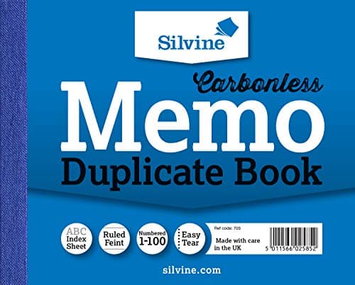 Image of Silvine Carbonless Duplicate Memo Book - Numbered 1-100 with index sheet (102 x 127mm)