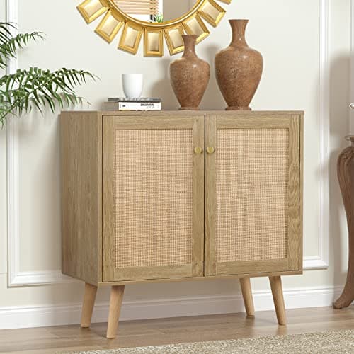 Image of Yvsevnr Rattan Sideboard Storage Cabinet Small Cabinets for Living Room Rustic Cupboard with Adjustable Shelf Wooden Buffet Freestanding Console for Hallway, Dining Room 80 x 35 x 79 cm