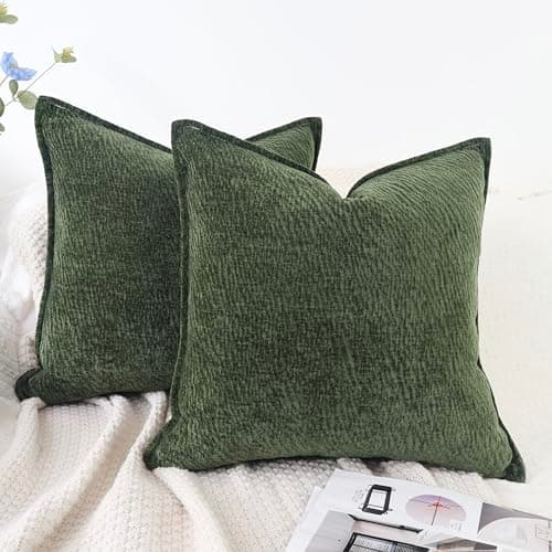 Image of OYIMUA Textured Chenille Cushion Covers 45 x 45 Green 2 Pack Soft Square Pillow Cases Luxury Neutral Cushion Cover 18x18 Decorative Throw Pillows Modern Sofa Home Decor