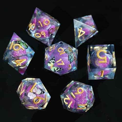 Image of Liquid Core 7 piece Resin Polyhedral Dice Set - Dungeons & Dragons RPG Set, Butterfly Themed Dice With D20, D12, D10, D8, D6, D4