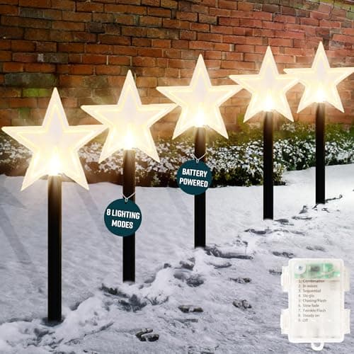 Image of GloBrite 5 Pack Star Garden Christmas Lights – LED Outdoor Christmas Decorations, Battery Powered 39cm Stakes - IP44 Waterproof Decorations & Ornaments for Garden & Pathways