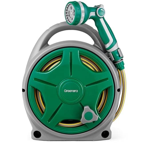 Image of Garden Hose Reel 20M, Compact & Portable Hose Pipe Reel with 10 Adjustable Spray Gun Nozzles, Manual Retractable Garden Water Hose Reel,Outdoor Flexible Hose Reel Set for Garden Patios and Balconies