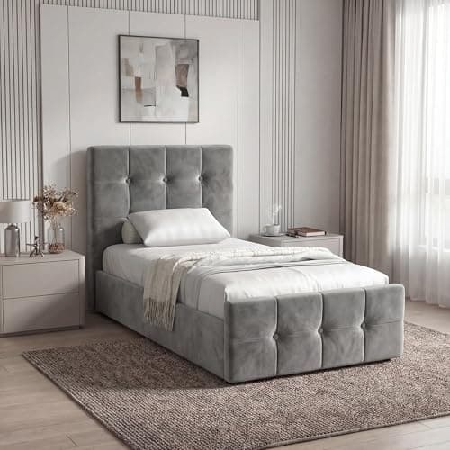 Image of Blisswood Upholstered Ottoman Bed, 3ft Single Bed Frame UKFR Velvet Dark Grey Ottoman Storage Bed With Gas Lift End Opening Wooden Slats With Storage Bed (3ft Single, No Mattress)