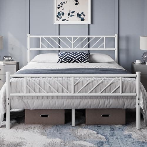 Image of Yaheetech 4ft6 Double Bed Frames Metal Slatted Bed Platform with Arrow Design Headboard, Under-bed Storage, No Box Spring Needed, White
