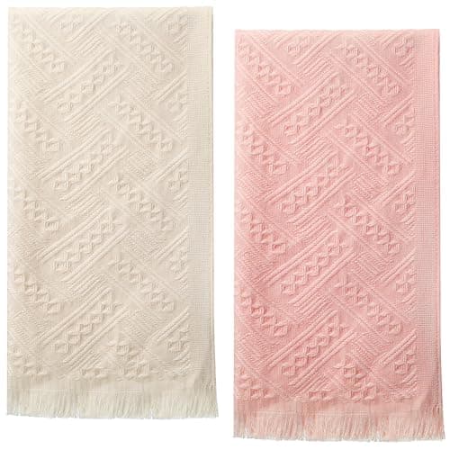 Image of SynHHergyx 2 PCS Hand Towels Bathroom 13×30 Inch Boho Decorative Bathroom Towels, Cotton Absorbent Soft Face Towel for Farmhouse Kitchen Hotel Spa Guest Pink Beige
