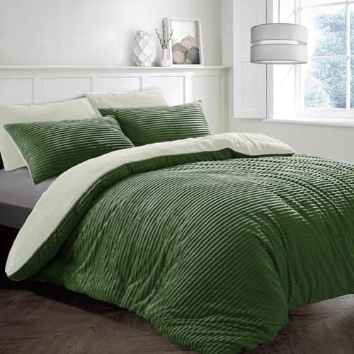 Image of Velosso Teddy Chunky Cord Plush Cosy Reversible Corduroy Fleece Duvet Cover Quilt Bedding Set with Pillow Case Thermal Warm Fluffy Super Soft (Olive/Cream, Single)