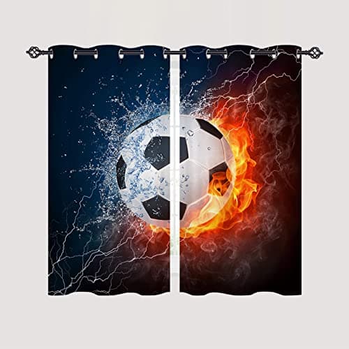 Image of ANHOPE Football Curtains Eyelet Ring Top Thermal Insulated 80% Blackout Curtains with Sports Theme Flame Soccer Print Pattern Window Drapes for Kids Boys Bedroom Living Room 28 x 54 Inch Drop 2 Panels