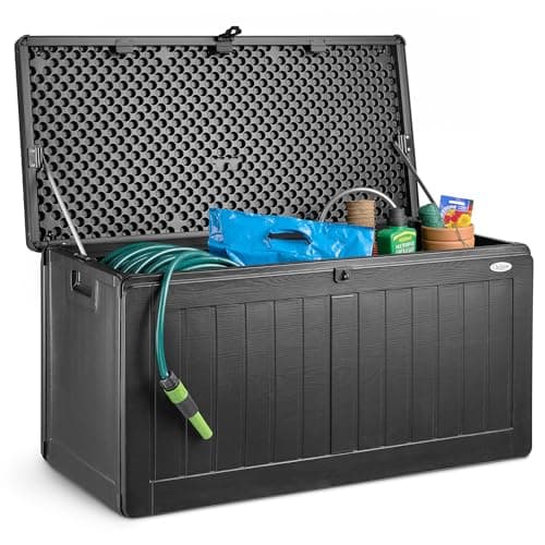 Image of CHRISTOW Waterproof Garden Storage Box With Lockable Lid, Plastic Wood Effect Outdoor Storage Box, Aluminium Hinges, 190L