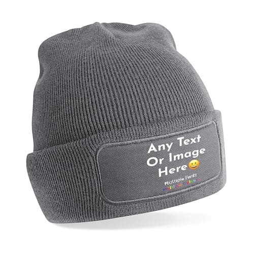 Image of Varsany Custom Grey Patch Beanie Hat – Personalised Beanie Hats for adult Custom Hat with Logo, Customised Gifts Christmas Birthday