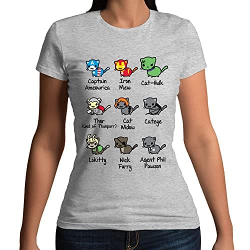 Image of Womens Kitty Cat Vengers A Super Hero Characters Funny Parody T-Shirt Heather Grey UK 16-18 (Plus Size XL)