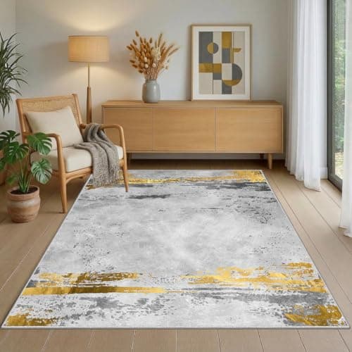 Image of WQMMD Grey Washable Rugs Living Room 160x230cm Grey and Gold mit White Ultra Thin Non-slip Modern Abstract Area Rugs for Bedroom Apartment Decor Hallway Kitchen Laundry Utility Beside Sofa Office