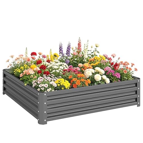 Image of Outsunny 432L Square Raised Garden Bed, Galvanised Planter Box Outdoor with Open Bottom, Metal Raised Garden Bed Kit for Vegetables, Flowers and Herbs, 120 x 120 x 30cm, Light Grey