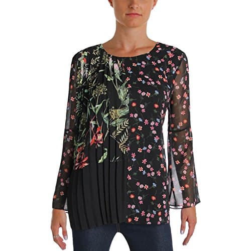 Image of French Connection Women's Long Bluhm Bottero Sheer Top, Black/Multi, 4