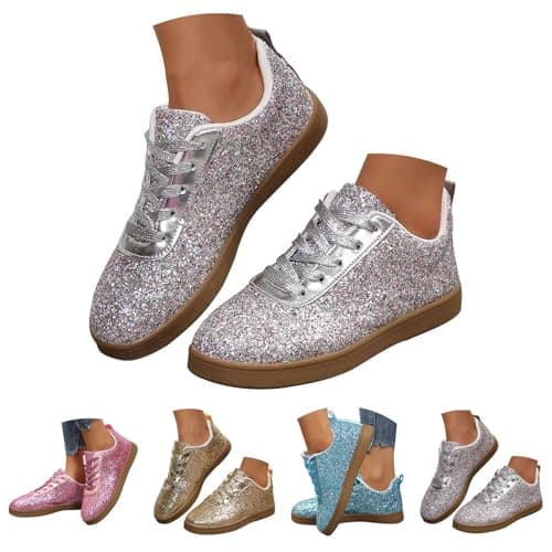 Image of New UK 5.5 Sequin Sneakers Women Glitter Sparkly Fashion Sneakers Shoes Shiny Casual Bling Sequin Low Cut Lace Up Shoes for Concert Party Wedding Walking Gift Footwear Silver