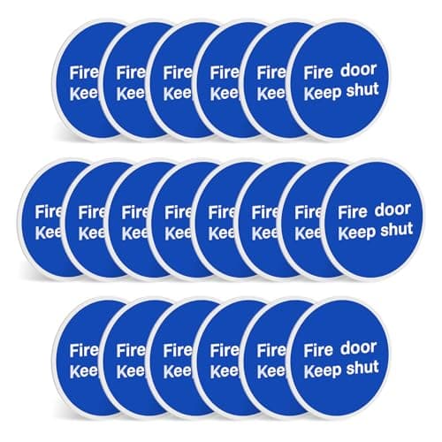 Image of Fire Door Keep Shut Sign - 1mm Rigid Plastic - 2/4/6/10/20pk - 80mm Round Self Adhesive – No Drilling Required – Health and Safety Compliant Fire Exit Signs (20)
