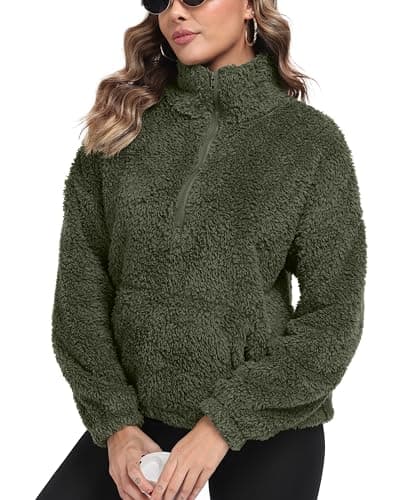 Image of IWOLLENCE Womens Fleece Sweatshirts Sherpa Teddy Fleece Jumper Half Zip Borg Fleece Women Winter Clothes with Kangaroo Pocket Casual Warm Jacket (Army Green, XL)