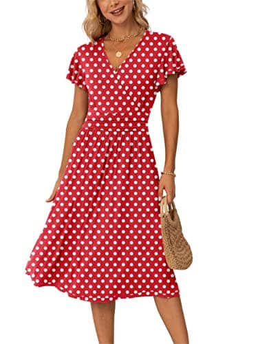Image of GRECERELLE Womens Summer Wrap Dress Ladies Casual Ruffle Short Sleeve V-Neck Floral Beach Dresses for Women (Polka Dots Red White, L)