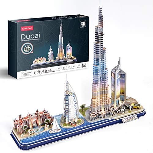 Image of CubicFun 3D Puzzles for Kids Adults LED Dubai City Architecture Model, Atlantis The Palm Dubai, Burj Al Arab Jumeirah Hotel, Burj Khalifa, Emirates Towers Jigsaw Puzzles Birthday Gifts for Boys Girls