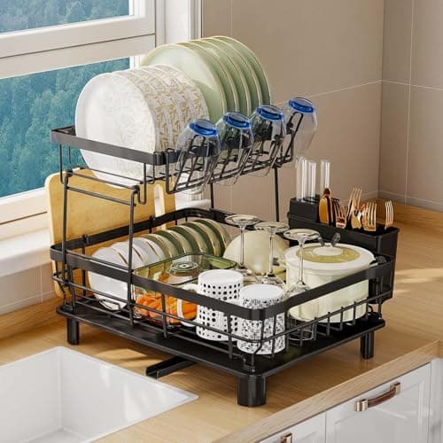 Image of 2 Tier Dish Drainer Rack for Kitchen with Drip Tray, Sink Drainer with 360° Swivel Drainage Spout, Dish Drying with Cups, Utensil & Cutting Board Holders for Kitchen Counter Space-Saving, Black