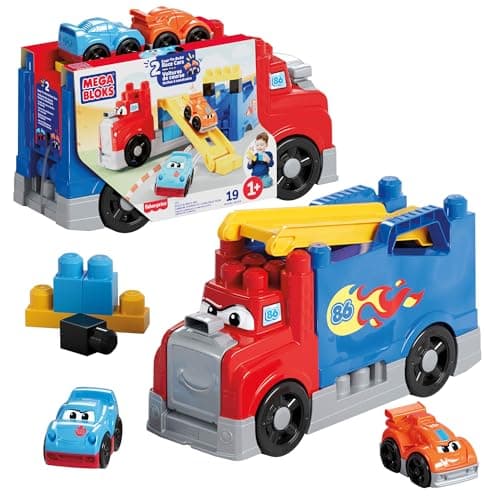 Image of MEGA BLOKS First Builders Toddler Building Blocks Toy Set, Build & Race Rig with 19 Pieces, 2 Race Cars and Storage, Red, Ages 1+ Years, JFR29