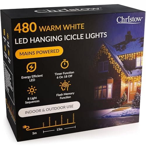 Image of CHRISTOW Hanging Icicle Christmas Lights, 480 Warm White LED, 15m Lit Length, Indoor & Outdoor, Mains Powered with Timer, 8 Flash Lighting Modes with Memory, Fairy String Light Xmas Decorations