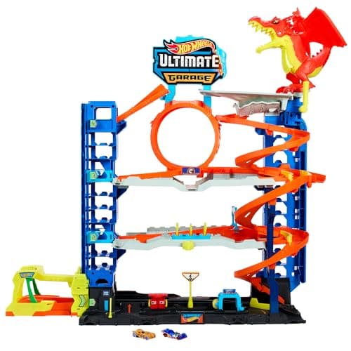 Image of Hot Wheels Let's Race Netflix - City Ultimate Garage Playset with 2 Die-Cast Cars, Toy Storage for 50+ 1:64 Scale Cars, 4 Levels of Track Play, Defeat the Dragon, HKX48