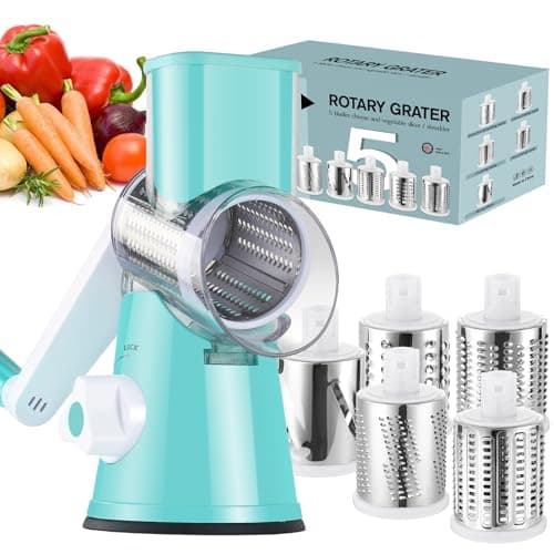 Image of Ourokhome Rotary Cheese Grater Hand Crank, Kitchen Shredder Speed Mandolin Slicer Ice Shaver with Handle and Drum Blades for Cheese, Vegetable, Nuts, Chocolate, Potato, Carrot, 5 Blades, Blue