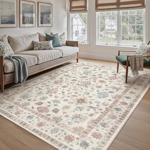 Image of PureCozy 160x230 cm Washable Rugs Living Room, Floral Vintage Soft Area Rugs with Non-Slip Backing, Machine Washable, Lightweight Low-Pile Carpet for Office Dining Room, Multicolored