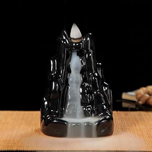 Image of HanYun Waterfall Backflow Incense Burners, Black incense holder with Table Mat Natural Aromatherapy with Ceramic Smoke Waterfall for Relaxation Meditation Stress Relief Gift Home Decor (High Mountain)