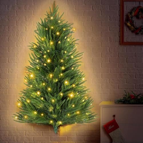 Image of ElectricWise 3FT Wall Hanging Christmas Tree with Led Lights, Pre lit Norfolk Pine Artificial Flat Wall Christmas Tree for Apartment, Cat Owners Xmas Decor
