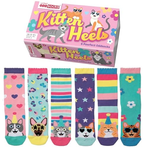 Image of United Oddsocks Kitten Heels - 6 Colourful Cat-Themed Oddsocks Gift Set for Kids - UK Size 12-5.5, EUR 30.5-38.5, US 13.5-8 - Mix & Mismatch Fun Cat Socks in Gift Box - Cotton Rich & Breathable