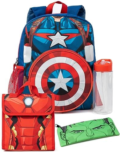Image of Marvel Boys Backpack Set | Kids 4 Piece Blue Rucksack Set with School Bag, Pencil Case, Lunch Bag & Water Bottle | Captain America, Iron Man & Hulk Avengers Matching Bundle | Back to School Gifts