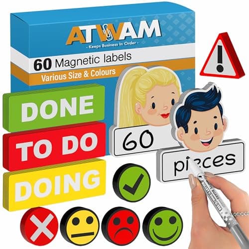 Image of ATWAM 60 Writeable Magnets & Accessories Mega Set - Magnetic Labels - 6 Colors - Scrum & Kanban - Magnetic Notes - Whiteboard Strips for Magnetic Board, Magnetic Wall & Fridge