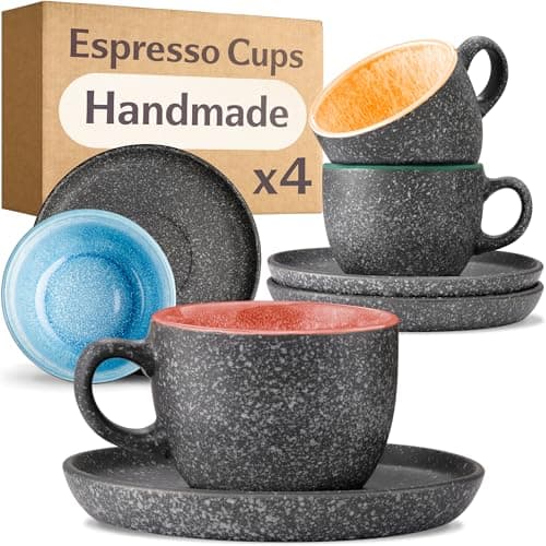 Image of Cosumy Espresso Cups and Saucers Set of 4 - Ceramic Demitasse 90ml Extra Thick - Keeps Coffee Warm Longer - Handmade Reactive Glaze - Microwave and Dishwasher Safe