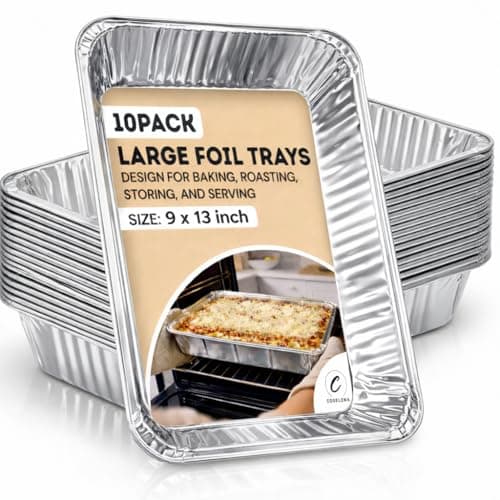 Image of Coselena Large Foil Aluminium Trays Pack of 10 – Heavy-Duty Deep Foil Containers 32 x 26 x 7 cm – Disposable Baking, Cooking, Roasting, BBQ & Meal Prep Trays – Ideal for Catering, Parties & Christmas