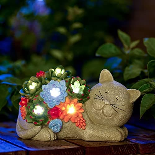 Image of Goodeco Solar Garden Cat Statue - Waterproof Resin Figurine with Succulent 6 LED Lights for Home Yard Patio Lawn - Gifts for Cat Lovers and Women 23cm