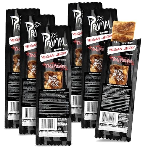 Image of Primal Strips Thai Peanut Vegan Jerky Pack of 6 (28gm) – Delicious Meat Alternative Healthy Snacks – Non-GMO, High Protein, Traditional Vegan Snacks