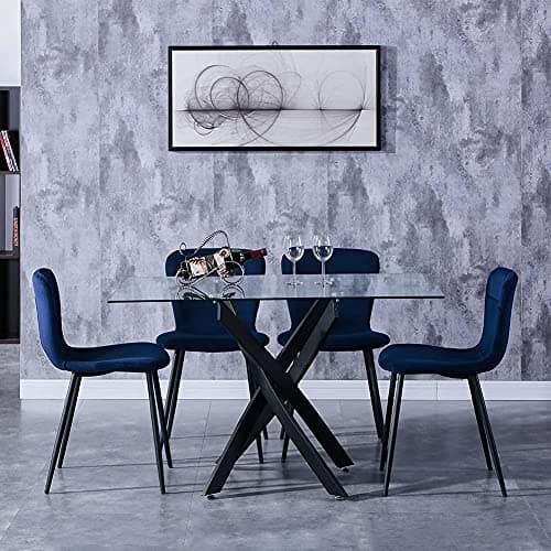 Image of GOLDFAN Tempered Glass Dining Table and Chairs Set 4, Modern Rectangle Kitchen Table and Blue Velvet Chairs for Diing Room, Kitchen, Office