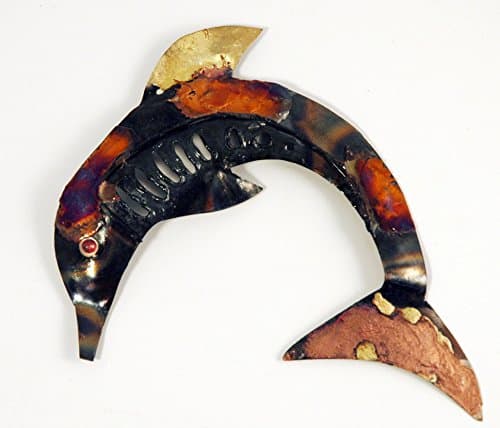 Image of Dolphin multi-coloured recycled metal wall hanging 17cm long and 16cm high - fair trade and hand made from copper and tin for Tumi in Mexico