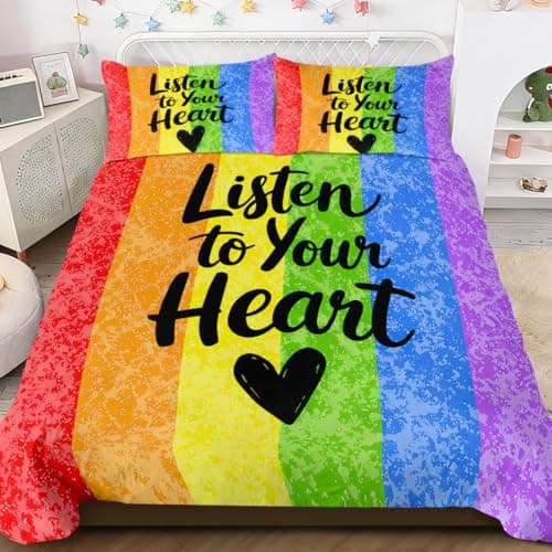 Image of BlessLiving Brushed Rainbow Watercolor Striped Bedding Set 3 Piece Follow Your Heart Equality Love Duvet Cover Striped Hippie Bedspreads Single Size
