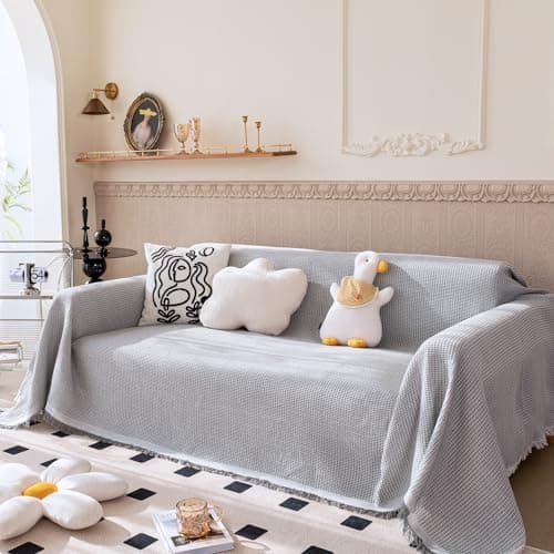 Image of VANJOROY Waffle Large Grey Sofa Throw Blanket With Tassels For 2 3 4 Seater, 100% Handwoven Cotton Knitted Settees Throw for Couch, Armchair and Bed, 130×180cm-Light Grey