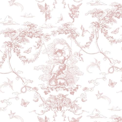 Image of Timeet Peel and Stick Wallpaper Pink and White Self Adhesive Wallpaper Cupid Manor Painting 41x300CM Waterproof Vinyl Wrap Sticky Back Wallpaper for Living Room Bedroom Wall Cabinet Shelf