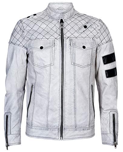 Image of Men's Vintage White Retro Casual Zipped 100% Leather Moto Racing Biker Jacket XL