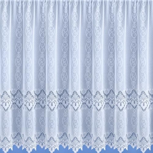 Image of 2.5 Metres Wide x 48" (122cm) Drop - Riley Luxury White Contemporary Lace Net Curtain With Detailed Flowers Scalloped Bottom