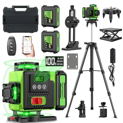 Image of Lambluefly Laser Level with Tripod, Laser Levels Self Leveling with 2x5000mAh Batteries and LED Display, 4x360 Lazer Level Tool with Tool Box,16 Green Lines/APP/Remote Control/Pulse Mode/IP54
