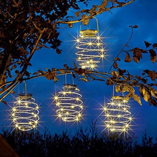 Image of Garden Mile 4X Solar LED Spiral Lights Lighting for Outdoors Set of 4 Hanging Lanterns for Garden Warm White Lights Hanging Copper Spiral Lights Autumn Outdoor Decorating