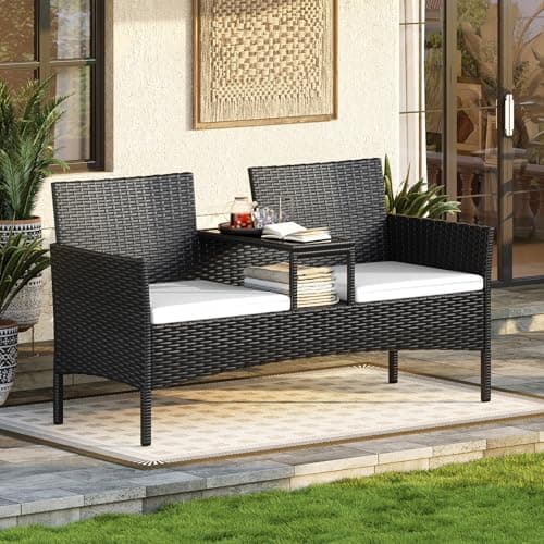 Image of Aoxun 2 Seater Rattan Garden Bench, Extra Wide Outdoor Loveseat with Storage Side Table, Comfortable Patio Furniture Set with Cushions and Rain Cover for Garden Balcony Backyard (Off-white)