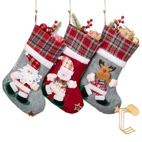 Image of 3 Pack Plaid Christmas Stockings with Golden Hooks, 18'' Knit Xmas Socks Set for Fireplace Mantel Decor, Traditional Holiday Hanging Stockings for Gifts & Decorations Santa Deer Snowman (3 Pcs Plaid)
